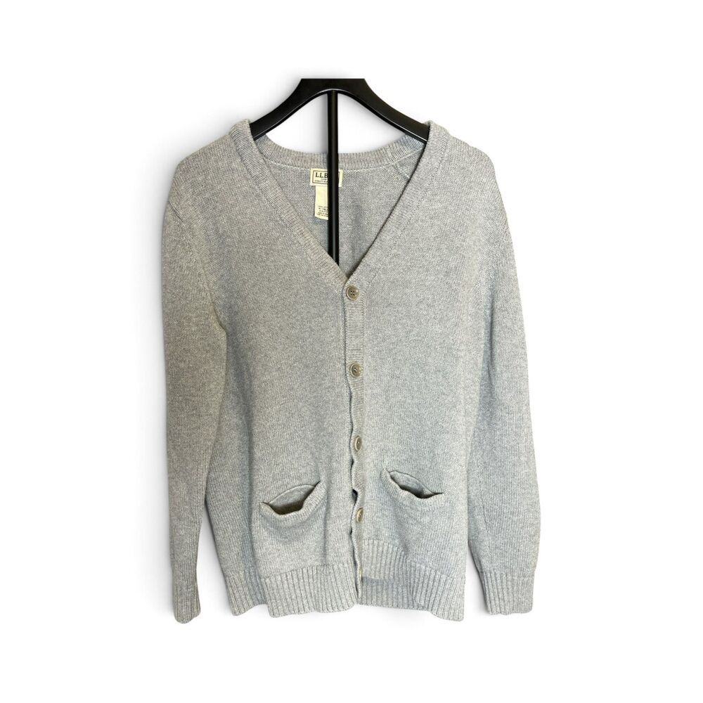 L.L.Bean Mens M Tall Gray Cotton Cardigan Sweater Grandpacore Preppy Pockets